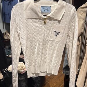Prada Cream Cable Knit Polo Sweater with Gold Buttons